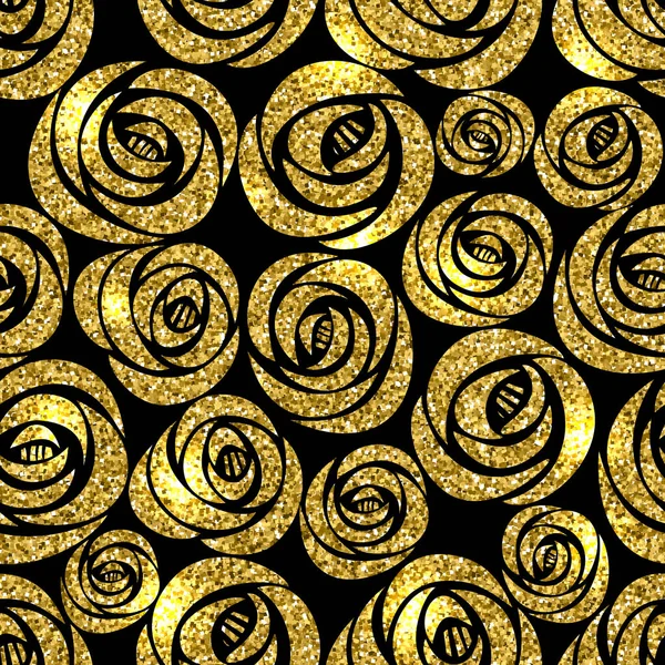 Золотий блиск текстури з ручним малюнком чорних кіл безшовний візерунок в золотому стилі. Святкування металевого фону . — стоковий вектор