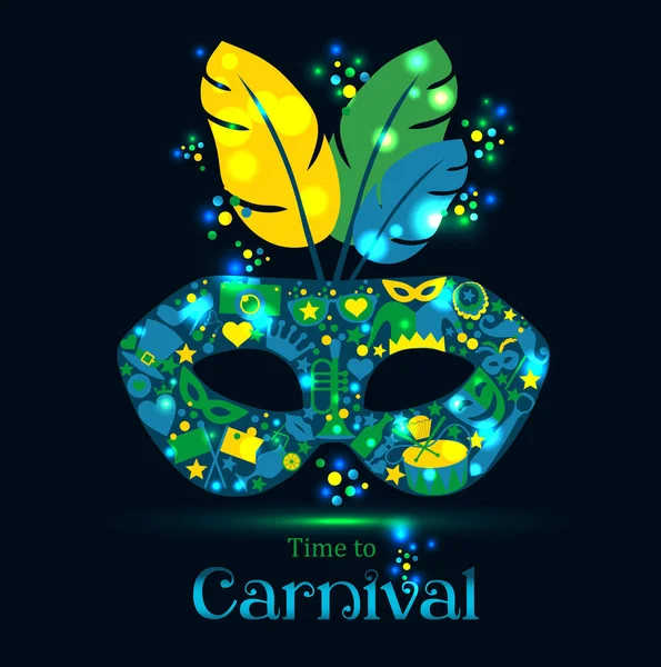 Bright carnival icons mask and sign Time to Carnival — Stock Vector