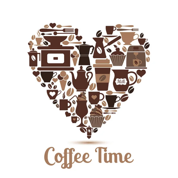 Illustration vectorielle du cœur avec des icônes de café . — Image vectorielle