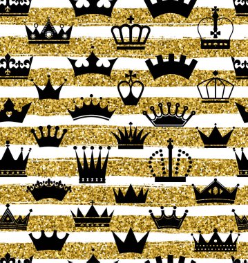 El ile altın glitter dokuyu çizin beyaz çizgiler ve kron seamless modeli altın tarzında. Kutlama Metalik arka plan.