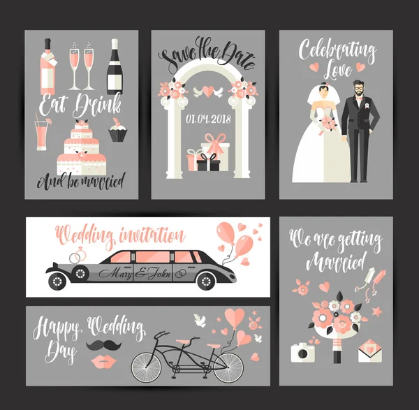 Conjunto de tarjetas para la boda. decoración de diseño en piso para la celebración — Vector de stock