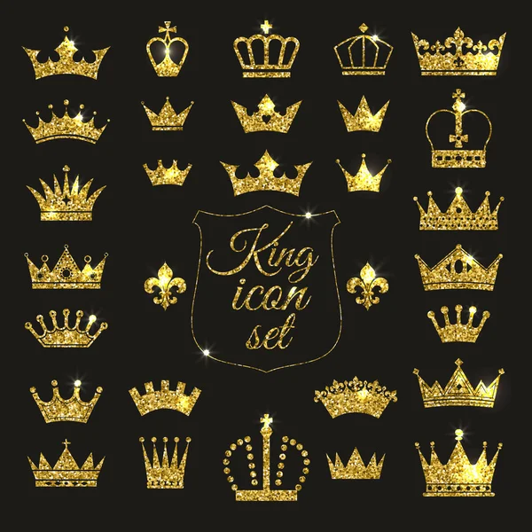 Gold crown set. Glitters set of king crowns. — Stock Vector