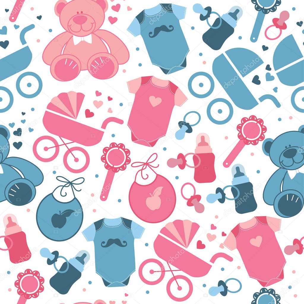Baby clothes and toys seamless pattern