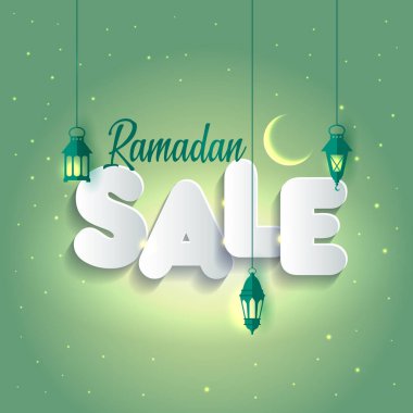 Vektör çizim Ramazan Satılık. Afiş, indirim, etiket, satış, Ramazan Kareem ve Eid Mubarak kutlama tebrik kartı.