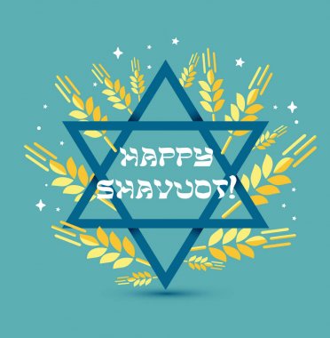 Mutlu Shavuot. Musevi tatil. İsrail'in tebrik kartı. Buğday spikelets mavi mavi zemin üzerine bir çerçeve içinde kutlama ile vektör çizim.