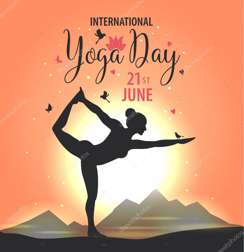 World Yoga Day vector illustration rose sunset background in nature.