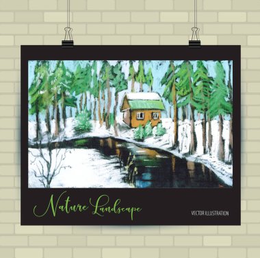Pastoral kış manzara vektör el çizimi