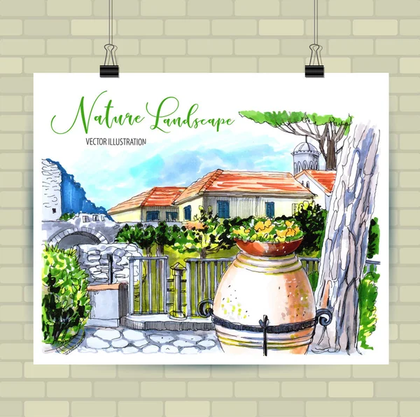 Çiçekli vazo ve kır evi ile İtalya kırsal manzara. — Stok Vektör