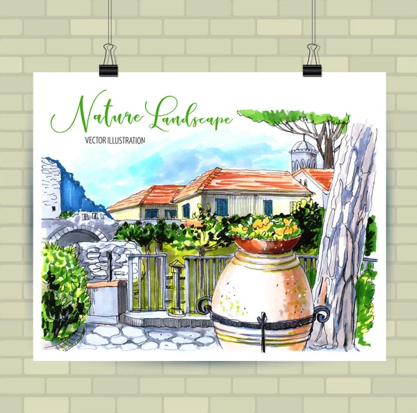 Paisaje rural en Italia con casa de campo y jarrón con flores . — Vector de stock