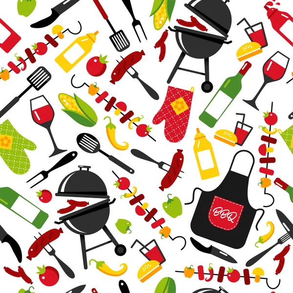 BBQ party background on white background with symbols of bbq. Seamless pattern. — Stock Vector