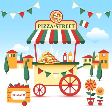 Pizza sokak gıda sepeti. Renkli vektör çizim, karikatür tarzı, İtalyan peyzaj üzerinde.