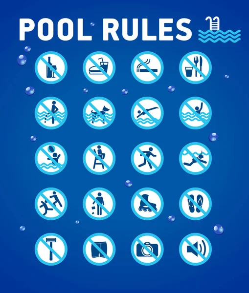Yüzme havuzu desenli elementler ve su damlalarıyla mavi üzerine kuraldır. Bilardo için simge ve sembol kümesi.