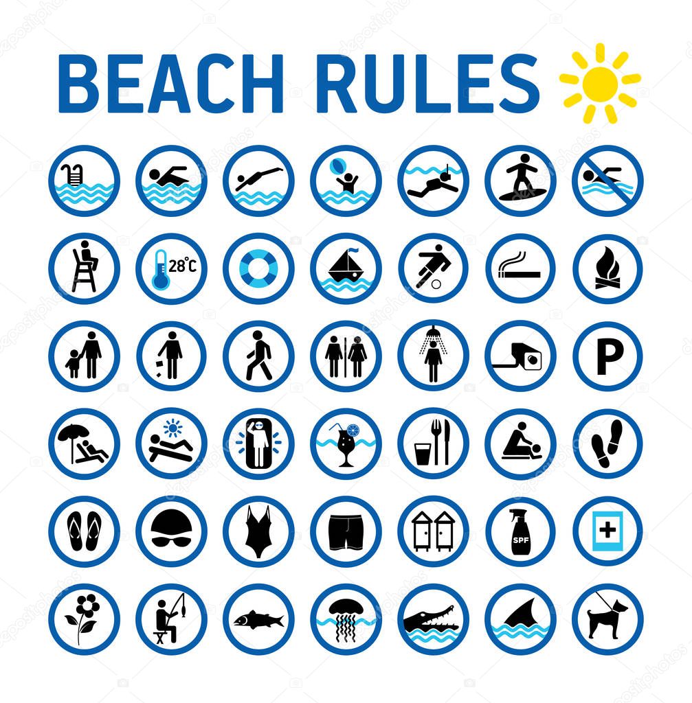 Beach rules icons set and sighns on white with desihn in circles. Set of icons and symbol for prohibited items.