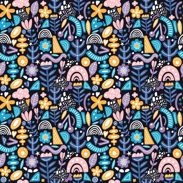 Collage stijl naadloos patroon met abstracte en organische vormen in pastelkleur op donker. Modern en origineel textiel, inpakpapier, muurkunst design. — Stockvector