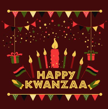 Banner for Kwanzaa with traditional colored and candles representing the Seven Principles or Nguzo Saba . clipart