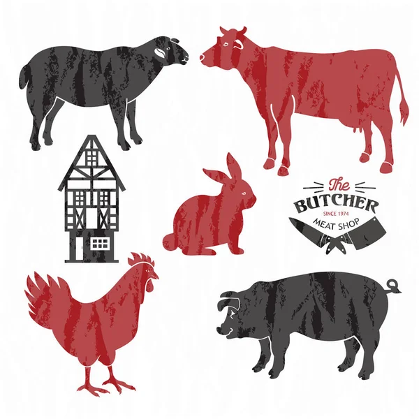 Juego de granja de animales. Corte de ternera, cerdo, cordero, pollo. Carnicerías para comestibles, carnicerías, carnicerías, mercado de granjeros. Silueta de vaca, cerdo, oveja y pollo . — Vector de stock