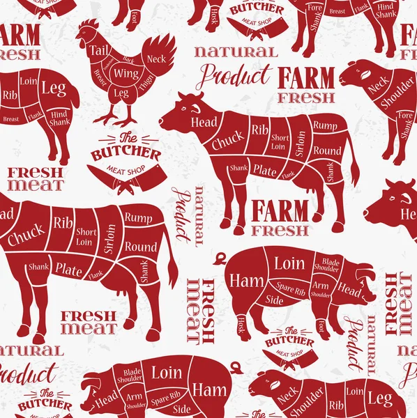 Coupes de viande. Diagrammes pour la boucherie. Silhouette animale. Illustration vectorielle. Modèle sans couture . — Image vectorielle