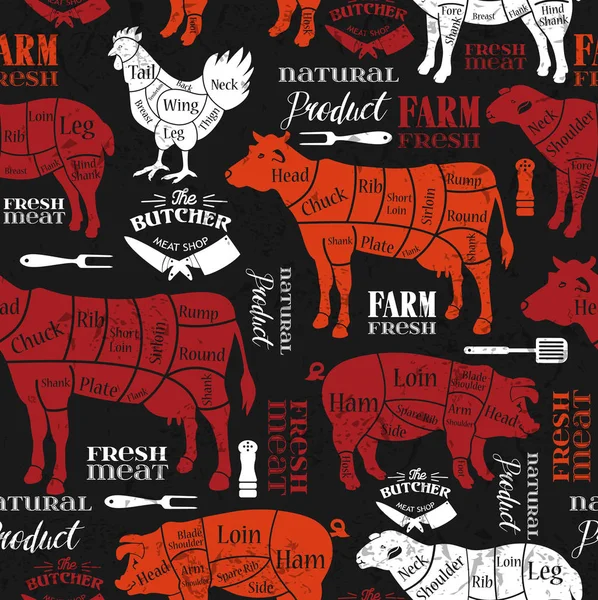 Meat cuts. Diagrams for butcher shop. Animal silhouette. Vector illustration. Seamless pattern. — Stock Vector