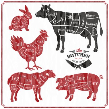 Hayvan çiftliği seti. Sığır eti, domuz eti, kuzu eti, tavuk. Marketler, kasaplar, kasaplar, pazarlar için poster kasapları. İnek, domuz, koyun ve tavuk silueti.