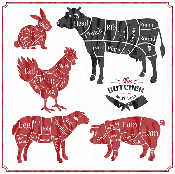 Animal farm set. Cut of beef, pork, lamb, chicken. Poster Butchers for groceries, meat stores, butcher shop, farmer market. Cow, pig, sheep and chicken silhouette. — Stock Vector