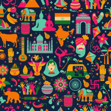 Hindistan 'ın geleneksel simgeleri karanlığın üzerinde pürüzsüz desen.