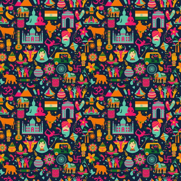 Traditional symbols of India seamless pattern on dark. — 스톡 벡터