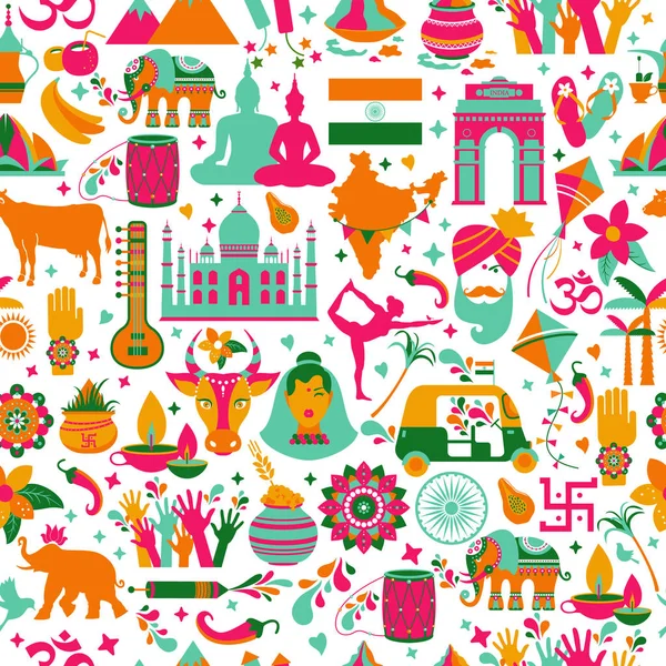 Traditional symbols of India seamless pattern on white background.