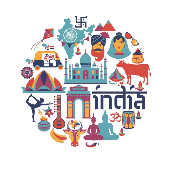 India set Asia country vector Indian architecture Asian traditions buddhism travel isolated icons and symbols in circle. — ストックベクタ