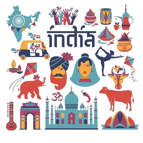 India set Asia country vector Indian architecture Asian traditions buddhism travel isolated icons and symbols. — Stock Vector