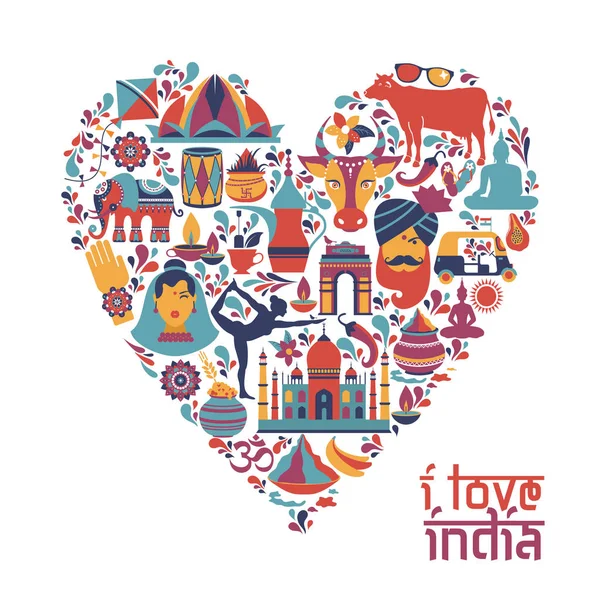 India set Asia country vector Indian architecture Asian traditions buddhism travel isolated icons and symbols in heart. — ストックベクタ