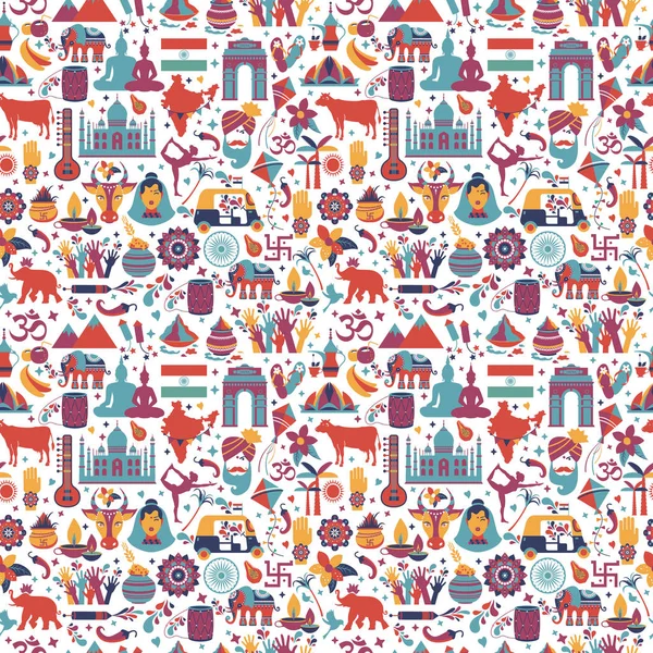 Traditional symbols of India seamless pattern on white background. — ストックベクタ