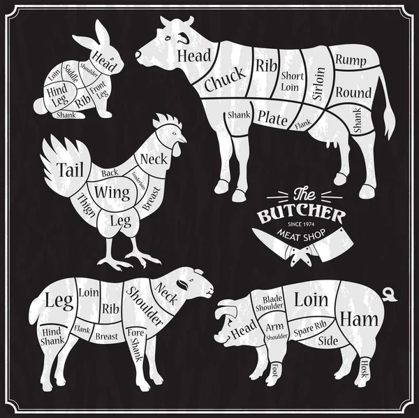 Animal farm set. Cut of beef, pork, lamb, chicken. Poster Butchers for groceries, meat stores, butcher shop, farmer market. Cow, pig, sheep and chicken silhouette. — Stock Vector