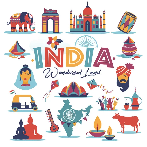 India set Azië land vector Indiase architectuur Aziatische tradities boeddhisme reizen geïsoleerde pictogrammen en symbolen. — Stockvector