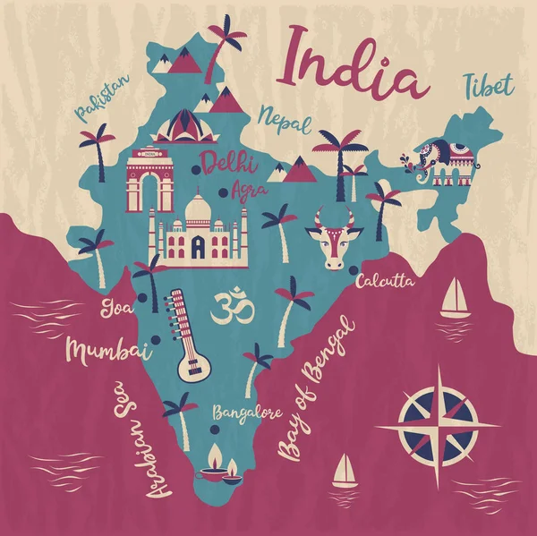 India kaart, vector platte illustratie, Olifant, koe, sitar, palmboom, stad. — Stockvector