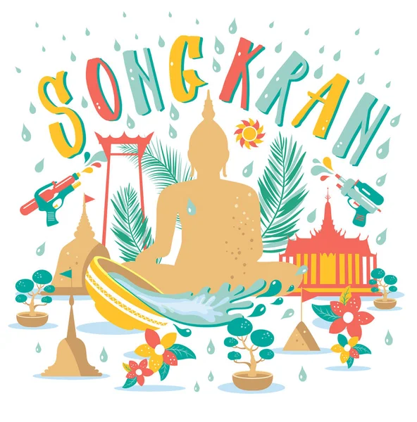 Songkran Fesztivál Thaiföldön április, kézzel rajzolt betűk, pagoda homok, Buddha, virágok trópusi. Vektorillusztráció. — Stock Vector
