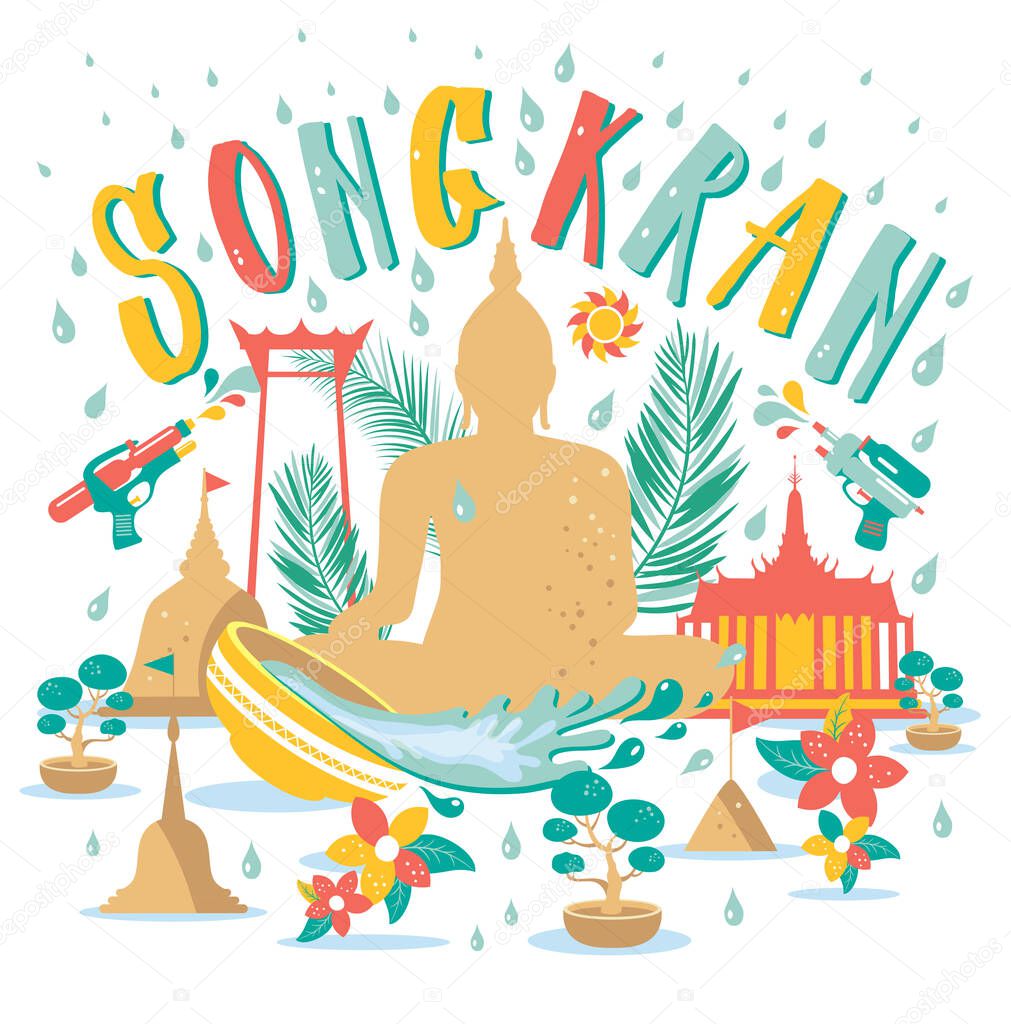 Songkran Festival in Thailand of April, hand drawn lettering, pagoda sand, Buddha, flowers tropical. Vector illustration.