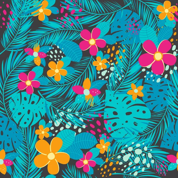 Motif tropical sans couture avec des feuilles de palmier et des fleurs. Illustration vectorielle . — Image vectorielle