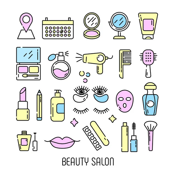 Kosmetyki wektorowe i ikony piękna w modnym stylu liniowym - zestaw salon piękności dla kobiet. — Wektor stockowy