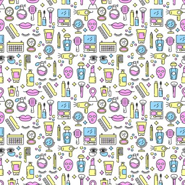 Vektör kozmetik ve moda doğrusal güzellik simgeleri - kadınlar için güzellik salonu ayarlayın. Kusursuz desen.