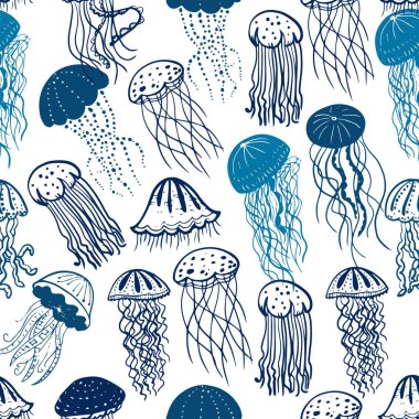 Farklı mavi siluetlerin vektör çizimi. Denizanası dikişsiz yüzey deseni.