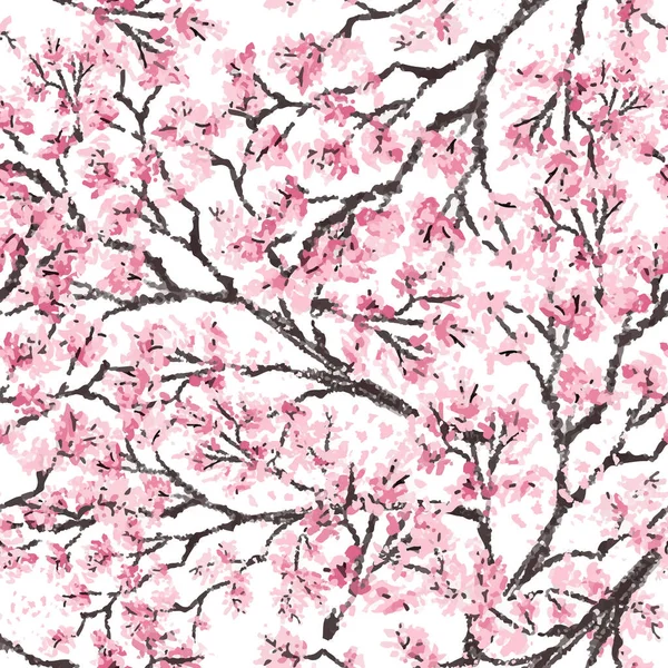 樱花樱桃枝,花朵盛开,矢量图解.手绘风格。无缝面图案. — 图库矢量图片