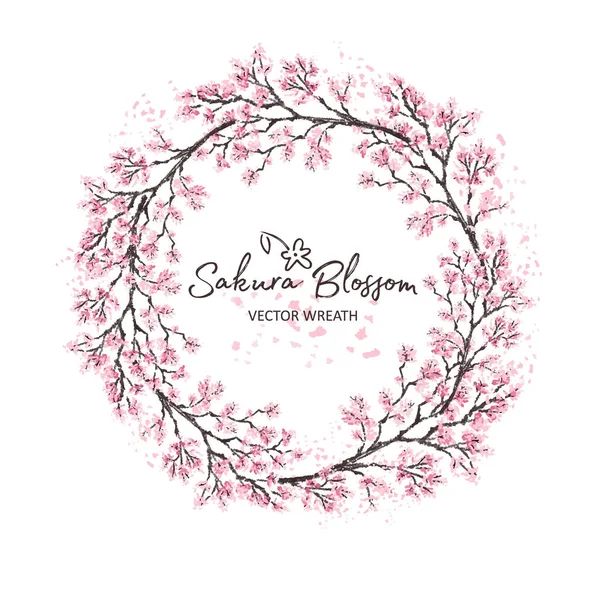 Sakura Japón rama de cerezo de guirnalda con flores florecientes acuarela estilo vector ilustración . — Archivo Imágenes Vectoriales