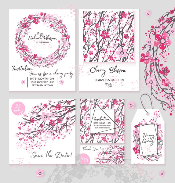 Японская сакура вишневая ветвь набор приглашения макет венок с цветущими цветами акварелью стиль векторной иллюстрации . — стоковый вектор