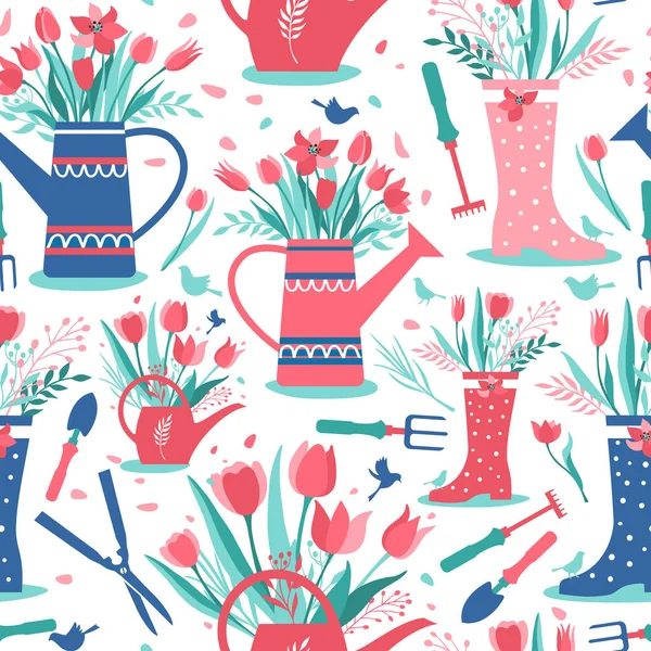 Decorative seamless surface pattern with garden tools. Template for design textile, greeting cards, wrapping paper, packages, backgrounds. Vintage vector illustration. Stock Illustration