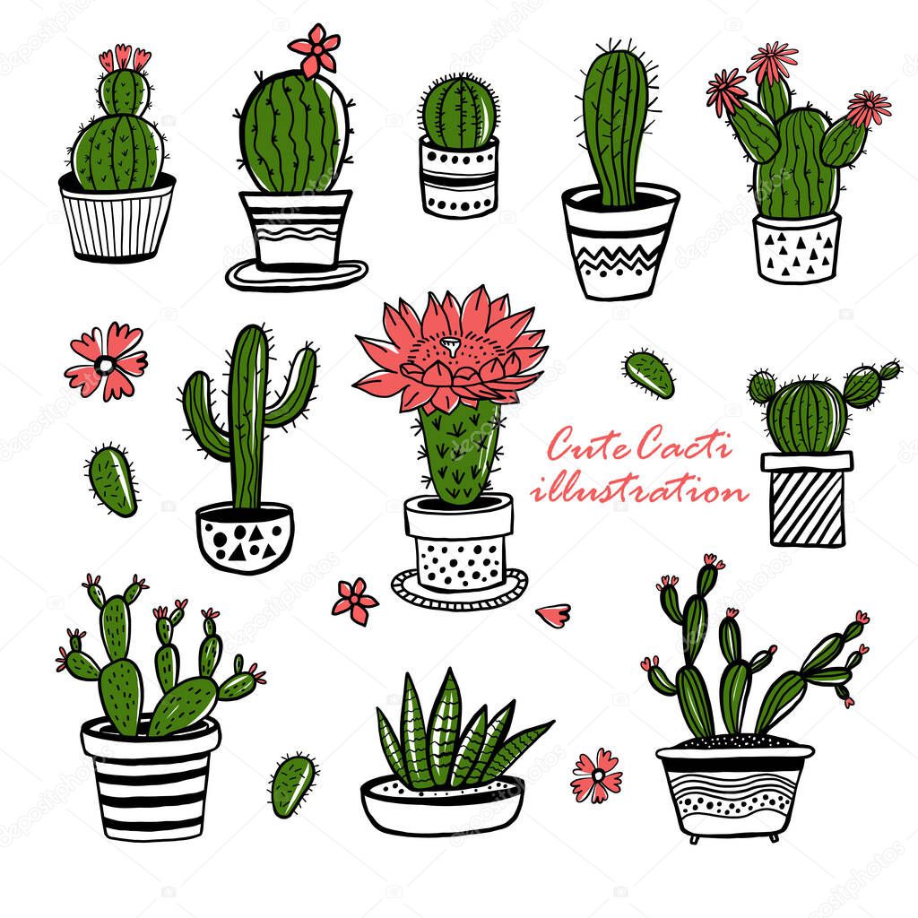 Cactus and succulent hand drawn set in sketch style. Doodle colors flowers in pots. Vector colorful cute house interior plants.