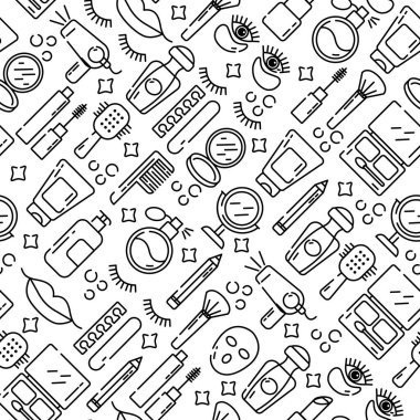 Vektör kozmetik ve moda doğrusal güzellik simgeleri - kadınlar için güzellik salonu ayarlayın. Kusursuz desen.