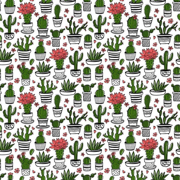 Cactus et succulent motif sans couture dessiné à la main dans le style croquis. Doodle couleurs fleurs en pots. vecteur coloré mignon maison plantes d'intérieur . — Image vectorielle