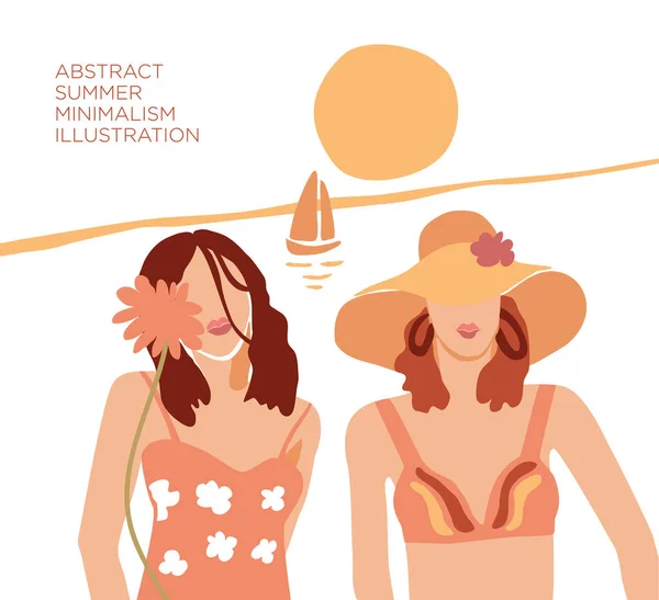 Vector handgezeichnete Illustration abstrakter moderner Porträtsilhouetten zweier junger Frauen am Strand. Mode Minimalismus trendige weibliche Gesichter flachen Stil mit Blumen und Meer. Minimal Art, Plakatdruck. — Stockvektor