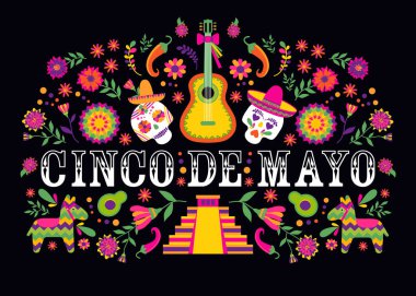 Cinco de Mayo-May 5th-typography banner vector. Mexico design for fiesta cards or party invitation, poster. Flowers traditional mexican frame with floral letters on black background. clipart