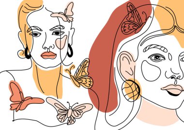 Kadın Yüzlü Asgari Çizgi Stili çizimleri. Modern moda tarzında, geometrik şekillerin soyut Çağdaş renk kolajı. Vektör kadın portresi. Güzellik Konsepti, tişört baskısı, kart